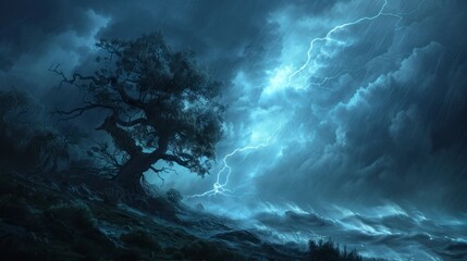 Fototapeta premium Powerful storm illustration featuring lightning strikes, strong winds, and tree bending in nature.