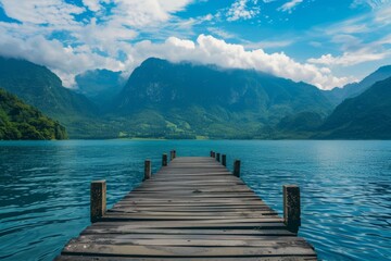Calm lake with a wooden pier leading to the distant mountains under a clear blue sky, portraying a tranquil and idyllic scene.

