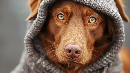 A Nova Scotia Duck Tolling Retriever dog dons a hoodie, merging cozy with cute 