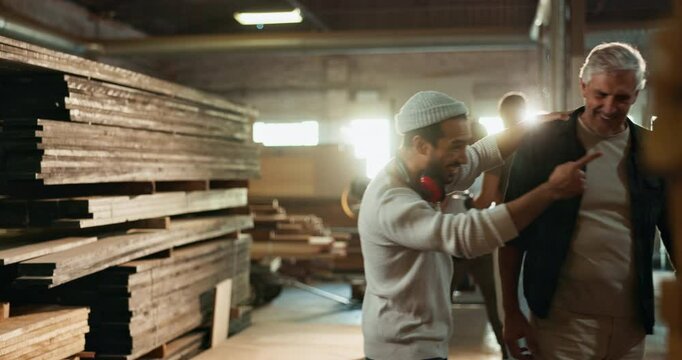 Men, carpenter and workshop with team high five, support and collaboration or warehouse associate with manager. Good job, lumber storage with happy employee, manufacturing and craftsman production