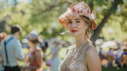 A woman in 1920s attire attending a jazz age garden party