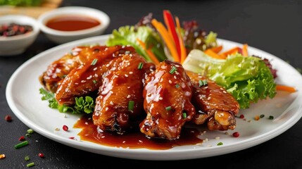 Fototapeta premium Chicken wings coated in sauce served with fresh vegetables