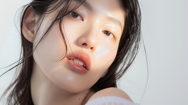Beautiful Korean model in 20s with innocent image, mid-shot against white background, showcasing cool sensation on dewy skin while applying serum.