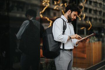 Young businessman standing outside and using a tablet in an urban setting, concentrating on work.