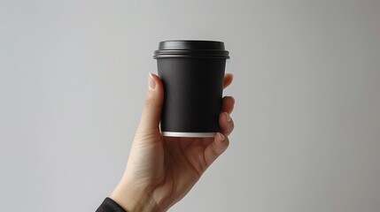 Close-up photo of hand holding black paper coffee cup in minimalistic design, minimalist style, studio light, white background, high resolution.