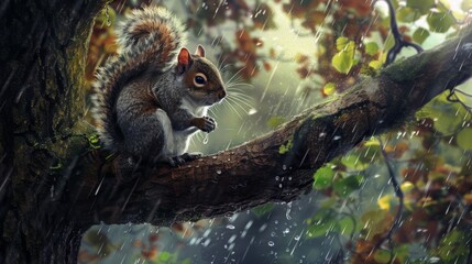 A squirrel is sitting on a tree branch in the rain
