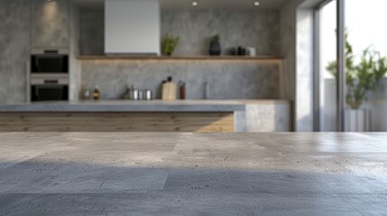 Minimalist kitchen with empty countertop foreground and neutral color palette background suggesting a photoshoot ambiance.