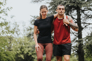 Fototapeta premium A fit man assists his girlfriend, who has hurt her leg while running, showing care and concern in a tranquil park setting.