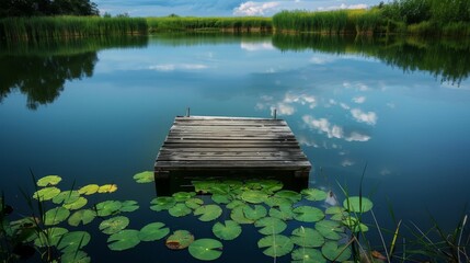 A wooden dock sits in a pond with lily pads floating on the water