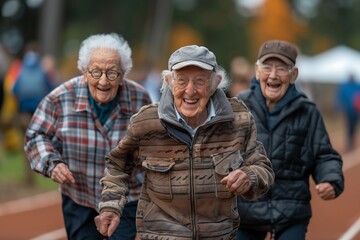 Fototapeta premium Elderly Runners Smiling During Autumn Race