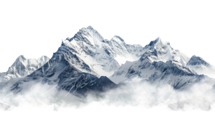 Snow-capped rugged mountains on transparent background