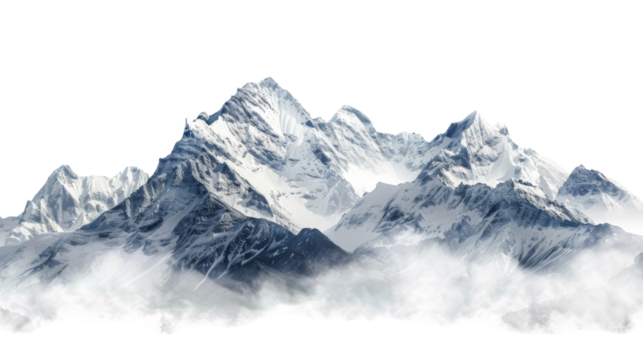 Snow-capped rugged mountains on transparent background