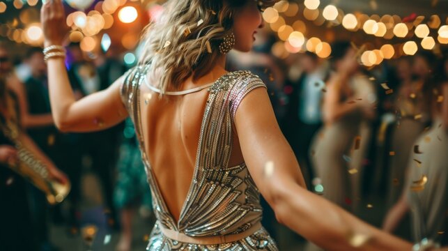 A woman in a vintage 1920s dress dancing at a Gatsby-themed party