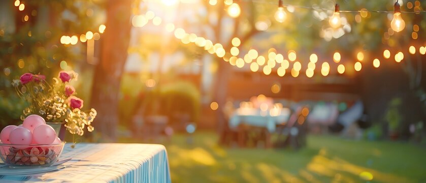 Friends decorating a backyard for a barbecue party, preparing for a festive summer event