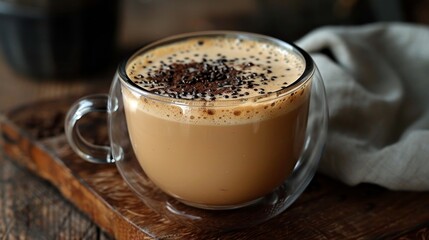 Clear coffee cup with black sesame milk and coffee, side angle.