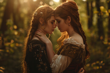 Happy Lesbian Queer Medieval Woman Couple, in Love Embracing in the Forest Woods, Romantic Relationship Fantasy Concept