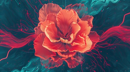 Abstract artistic floral design with vibrant red flower and swirling blue and red abstract patterns.