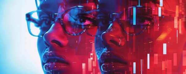 Digital avatars representing a conflict of interest, Cool tones, Futuristic, Illustration, Intense