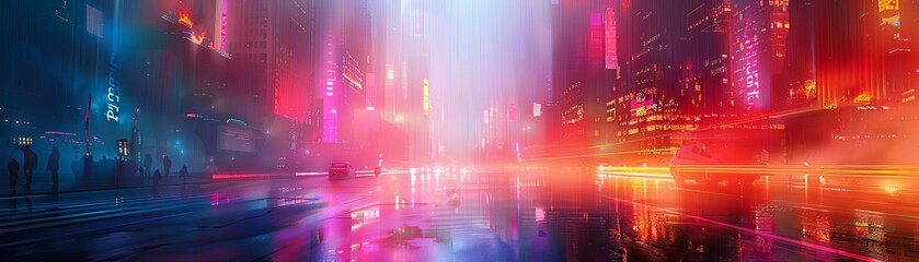 Obraz premium Fire in a futuristic cityscape with holographic flames, Bright colors, Cyberpunk, Digital painting, Dramatic