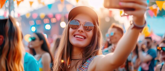 Festival attendees taking selfies at the entrance, capturing their summer festival experience