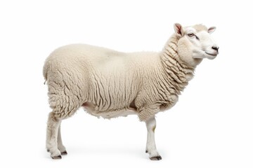 Portrait of a sheep with white coat, standing in profile on white background.