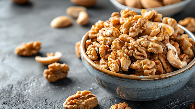Bowl filled with shelled walnuts on a rustic table, highlighting the healthy and nutritious snack in a simple setting.