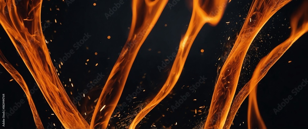 Wall mural orange flame with sparks embers on plain black background banner with copy space