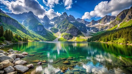 Serene alpine lake morskie oko surrounded by towering tatra mountain peaks under a bright blue sky with scattered clouds in summer poland.