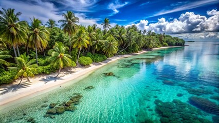 Crystal clear turquoise waters lap against powdery white sand, surrounded by lush green palm trees and coral reefs in a serene, sun-kissed tropical paradise.