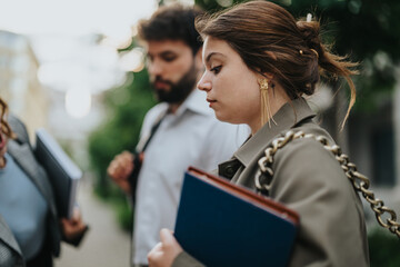 Young professionals walking together outside holding folders, discussing business. Focused expressions highlighting teamwork, business strategy, and collaboration.