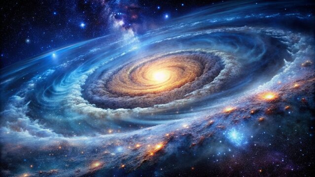 Vibrant cosmic landscape featuring a majestic spiral galaxy with swirling clouds of gas and dust, illuminated by brilliant blue-white stars against inky blackness.