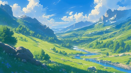 Fototapeta premium Landscape illustration of mountains, flowers, swans beside clear creek, under sunny skies.