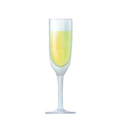 Glass with champagne, wine, alcohol or drink isolated on transparent background. Hand drawn watercolor illustration. For design, cards, menu, labels, invitations, greetings, packaging, advertising.