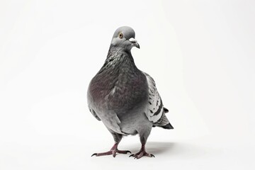 Obraz premium Portrait of a pigeon with grey feathers on a white background, standing in profile.