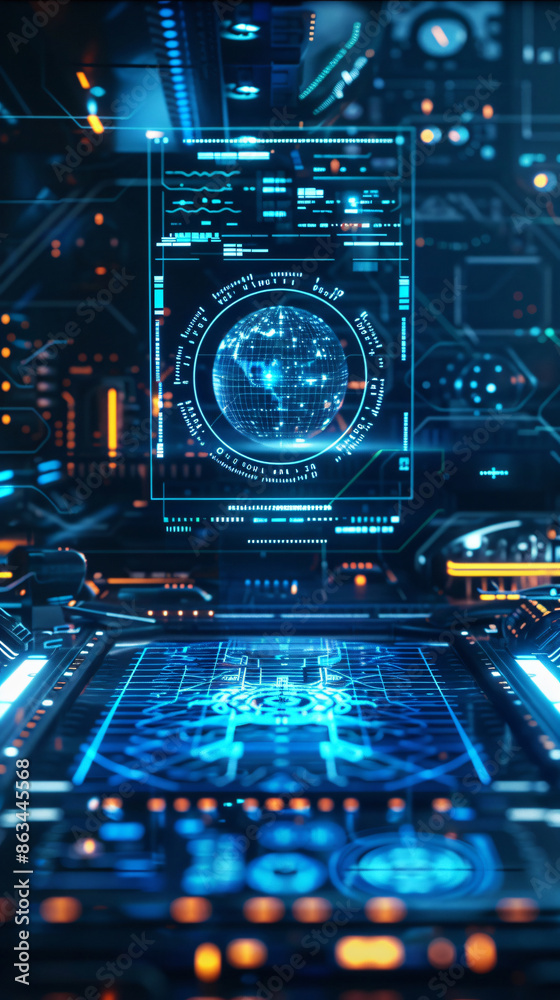 Poster futuristic technology interface with a globe and digital data with copy space text for technology, i