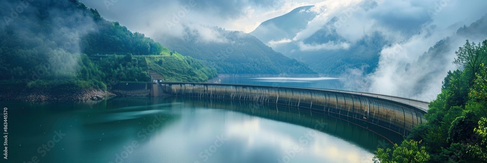 Aufkleber a hydroelectric dam nestled within a breathtaking mountainous landscape, with mist and clouds creati