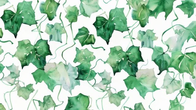 Delicate watercolor pattern of green ivy leaves. Various shades of green create depth and texture. White background enhances the fresh, botanical feel. 