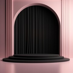 of a black draped archway with a minimalist podium in a blush pink studio