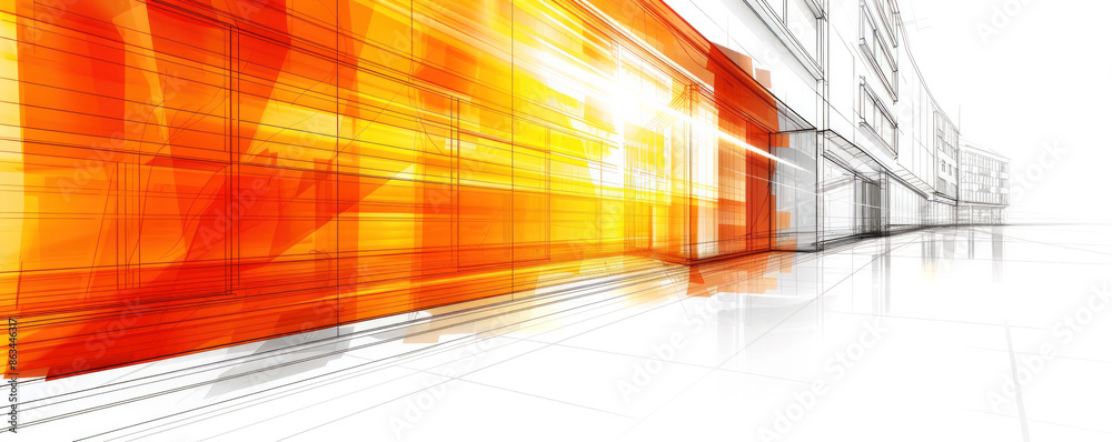 Poster a white background with orange and red lines. the orange and red lines are overlapping and creating 