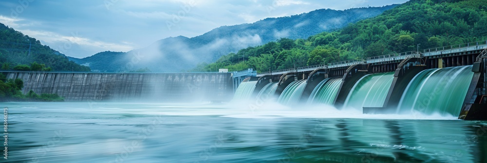 Aufkleber a hydroelectric dam in a serene landscape, with mist-covered mountains in the background and water f