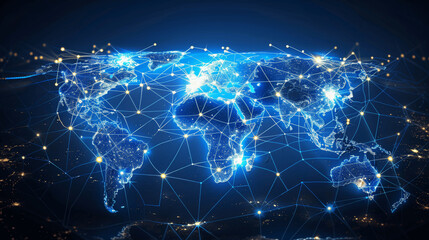 Digital World Map with Global Connections and Data Transfer, Futuristic Technology Transformation, Interactive Business Network