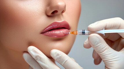 A woman is getting a lip injection. The woman is wearing gloves and the person administering the injection is wearing gloves as well