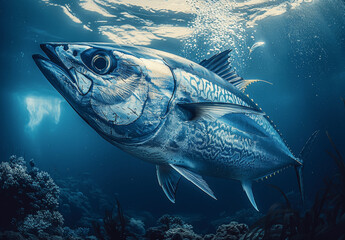 Fototapeta premium Photorealistic blue fin tuna swimming underwater in the deep clear ocean with professional color grading