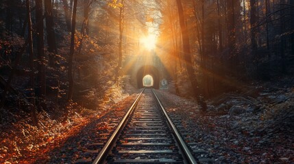 Fototapeta premium Beautiful Sunlit Railway Tunnel in a Forest, Generative AI