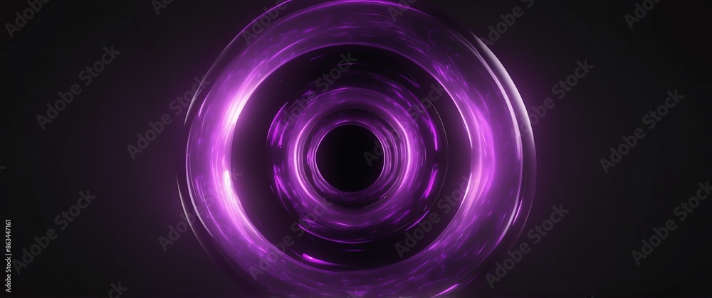 Wall mural purple circular plasma energy abstract on plain black background banner with copy space