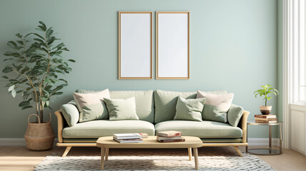 Minimalist living room with a green sofa, a wooden coffee table, and two framed posters with copy space text for interior design, living room, home decor, modern, minimalist, cozy, green, wood