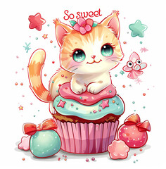 Kawaii Cat Cupcake with Stars and Pastel Colors So Sweet Clipart Design