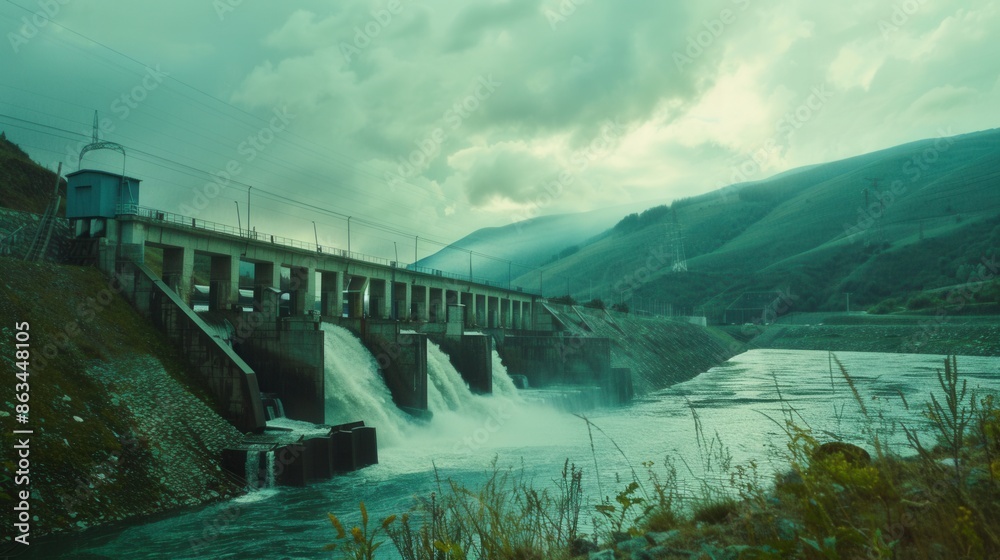 Poster a hydroelectric dam generates power in a serene landscape. the water flows over the dam, creating a 