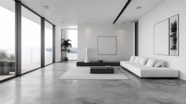 Modern minimalist living room with timeless black and white color scheme, no main lighting, white space, microcement floor, white walls.