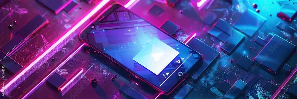 Aufkleber A smartphone with a video streaming on the screen is displayed against a vibrant background of neon lights. Generative AI